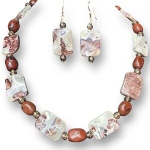 Jasper Beads Jewelry Set Necklace & Dangle Wide Earrings Multi-Shape